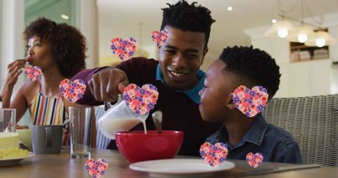 Family bonding over breakfast with floral heart illustrations