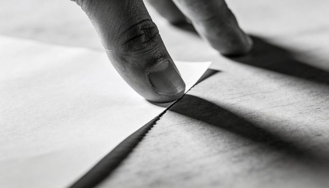 Closeup fingertip peeling perforated paper corner casting deep shadow and surface texture