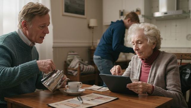 Senior woman using tablet at kitchen table while family member pours tea, multigenerational