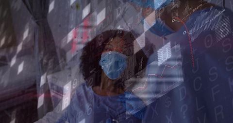 Nurse monitoring vital signs in hospital with digital data overlay