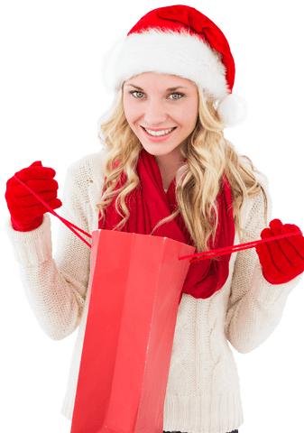 Woman in Santa Hat Holding Gift Bag for Christmas on Transparent Background