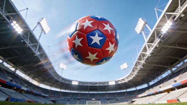 Soaring red blue soccer ball with white stars streaking toward lens in illuminated stadium