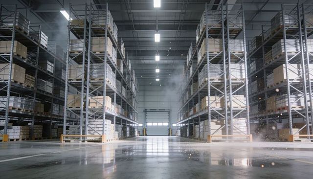 Empty warehouse aisle with wet reflective floor and mist rising between pallet racks
