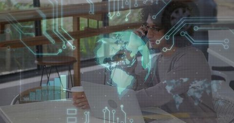 Businessman Engaged in Digital Data Analysis with Holographic Visualization