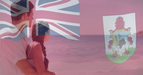 Bermuda romance embracing couple on pastel beach with bermuda flag overlay