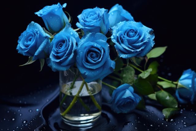 Vibrant blue roses glisten with water droplets, set against a dark background. These flowers, often symbolizing mystery or the unattainable, add a touch of enigma to any setting.