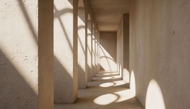 Vertical Sunlit Arched Colonnade Casting Repeating Light Pools and Long Shadows
