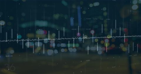 Data analytics overlays on blurred city nightscape