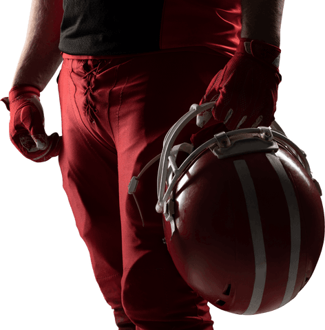 Rugby player's arm holding helmet on transparent background