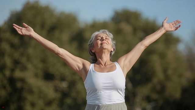 Senior woman stretching arms wide outdoors enjoying sunlight and mindful relaxation