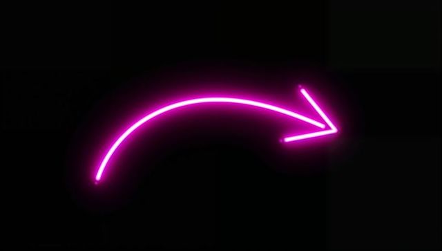 Glowing neon curved arrow on black background