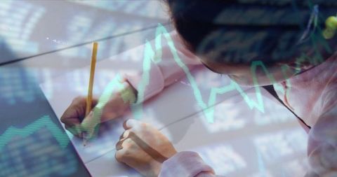Girl studying pencil write with stock market analysis overlay