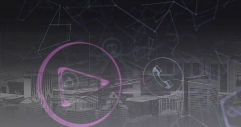 Digital Icons Overlaying Urban Cityscape with Connectivity Themes