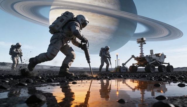 Astronauts conducting drill operation on rocky moon beneath ringed gas giant