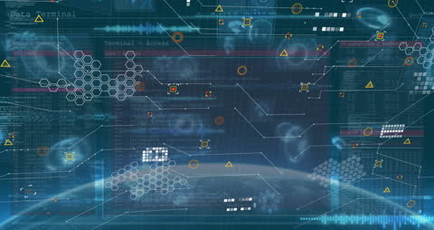 Futuristic Digital Interface and Data Processing Over Dark Background