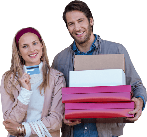 Happy Couple Shopping with Credit Card and Boxes Transparent Background
