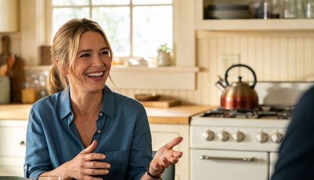 Smiling woman chatting in sunlit farmhouse kitchen gesturing with hands, cozy home scene