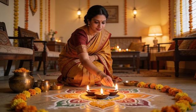 Indian woman lighting clay diyas on colorful rangoli, decorating living room for diwali