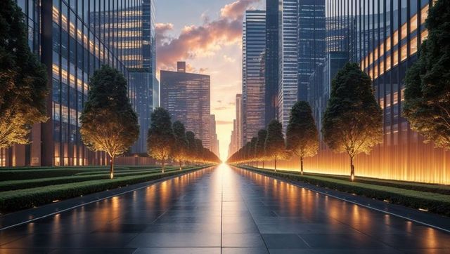 Sunset Lit Cityscape with Reflections and Modern Architecture