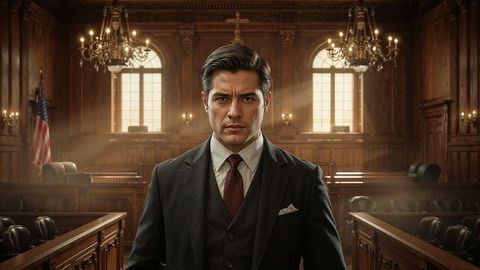 Confident prosecutor attorney stands in elegant courtroom interior