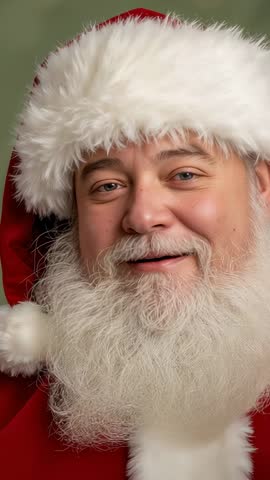 Smiling Santa Greeting Camera, Tilting Head and Waving Glove in Studio Vertical Video