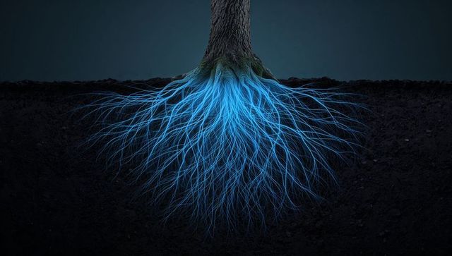 Glowing blue roots spreading beneath tree trunk dark soil cross-section concept