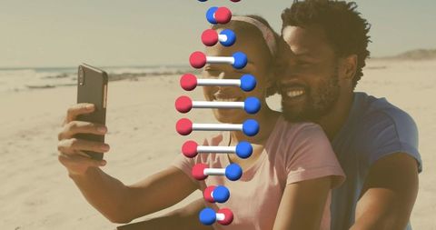 Couple Taking Selfie with DNA Helix Overlay by Ocean