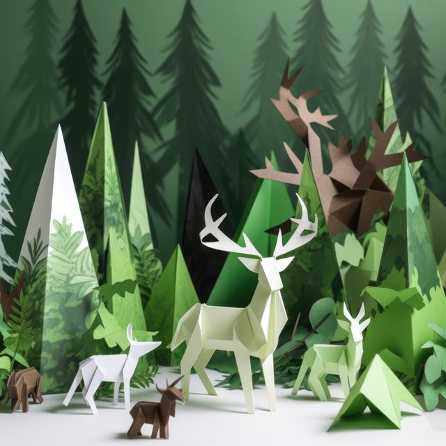 This intricate scene features various origami deer surrounded by creatively folded paper trees. The mixture of green and white shades creates a serene and natural forest atmosphere. Ideal for use in projects related to nature-themed crafts, DIY activities, and visual arts.