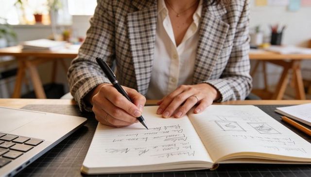 Woman writing and sketching in notebook at desk with laptop, planner and creative tools