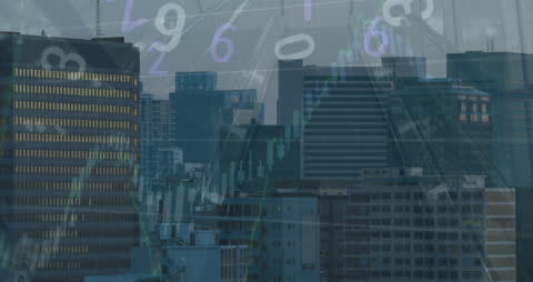 Financial Graphs and Data Overlay on Cityscape