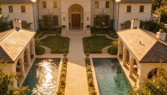 Sunlit mediterranean courtyard mansion with twin reflecting pools and arched pavilions