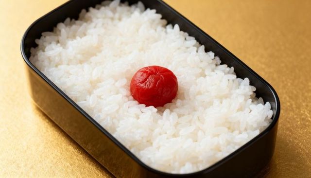 Featuring umeboshi on white short-grain rice in black lacquer bento on gold