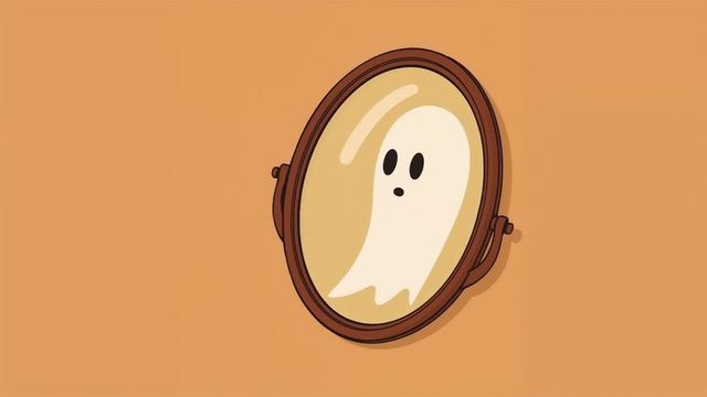 Whimsical ghost reflection in vintage oval mirror on orange wall