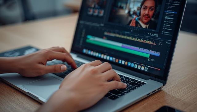 Hands editing video timeline on laptop in modern coworking studio for content creation