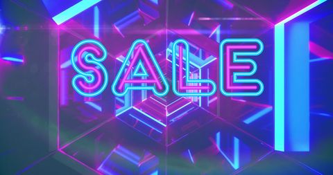 Neon Sale Advertisement in Futuristic Tunnel