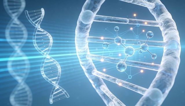 Translucent 3d dna double helix with molecular model and neon highlights for biotechnology