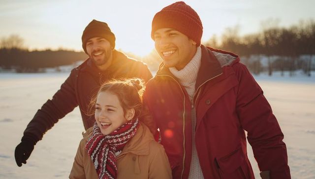 Family Enjoying Walk on Snowy Field at Sunset