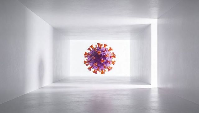 Floating purple viral particle with orange spike proteins in minimalist white lightbox