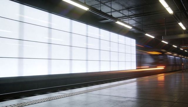 Backlit LED Wall Illuminating Underground Subway Platform with Motion-Blurring Train Lights