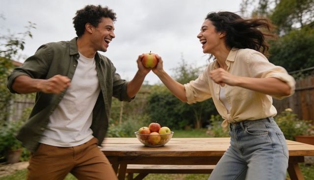 Joyful couple exchanging apple over picnic table in backyard garden