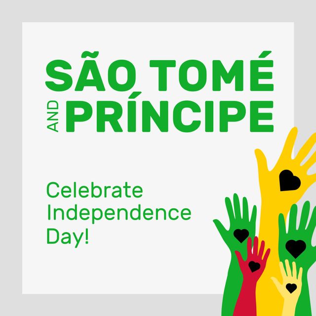 This image features colorful hands with heart shapes celebrating Sao Tome and Principe Independence Day. Ideal for social media posts, blogs, or advertisements highlighting national celebrations and patriotism.