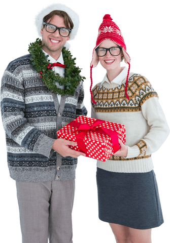 transparent couple wearing festive sweaters holding wrapped holiday gift - Download Free Stock Videos Pikwizard.com