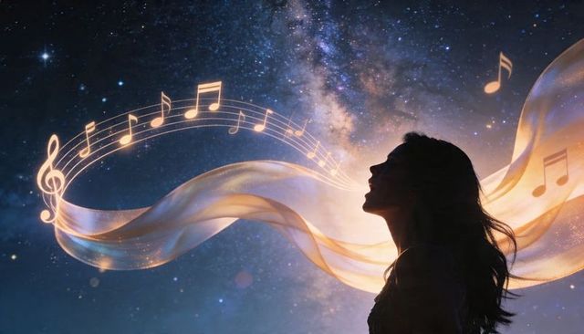 Silhouetted woman singing under milky way with glowing musical ribbon and notes