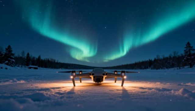 Quadcopter landing on snow glowing under northern lights for arctic night drone scenery