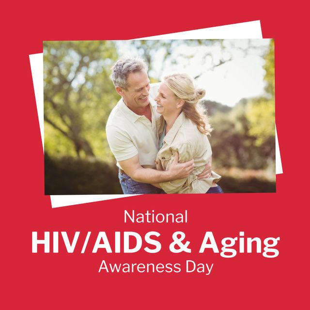 Happy caucasian mature couple in park with national hiv aids and aging awareness day text. Copy space, digital composite, hiv prevention, care and treatment for aging population, raise awareness.