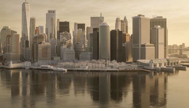 Lower manhattan skyline reflecting on calm harbor at golden hour with ferry piers