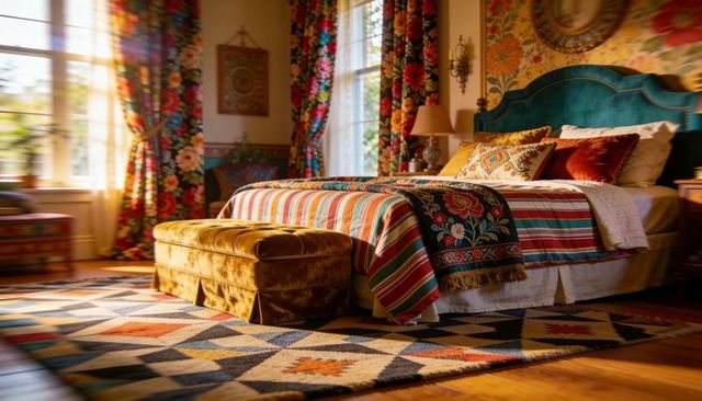 Sunlit bohemian bedroom with teal headboard, striped bedding and vibrant floral textiles