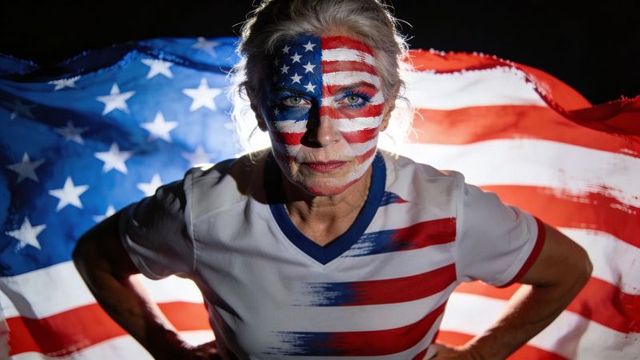 Patriotic mature woman with full-face american flag paint, striped tee and flag backdrop