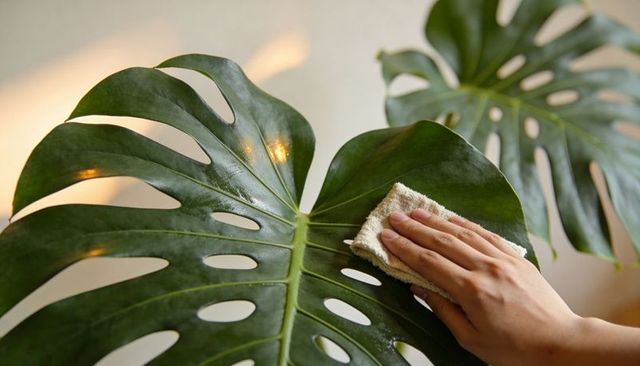 Polishing monstera leaf with microfiber cloth for glossy indoor plant care