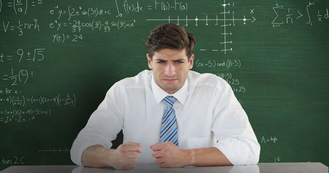 Image of angry Caucasian man sitting in front of chalkboard with moving mathematical graphs and formulae written in chalk